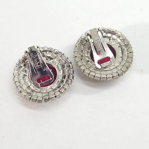 Hobé Ruby Red Rhinestone Clip Earrings Silver Tone Round Halo Art Deco Regency - Picture 3 of 9